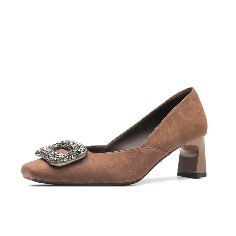 2169-1 Douyin Popular Women's Shoes Autumn and Winter Suede Thick Heel Square Head Comfortable Single Shoes Rhinestone Temperament Commuter High Heels