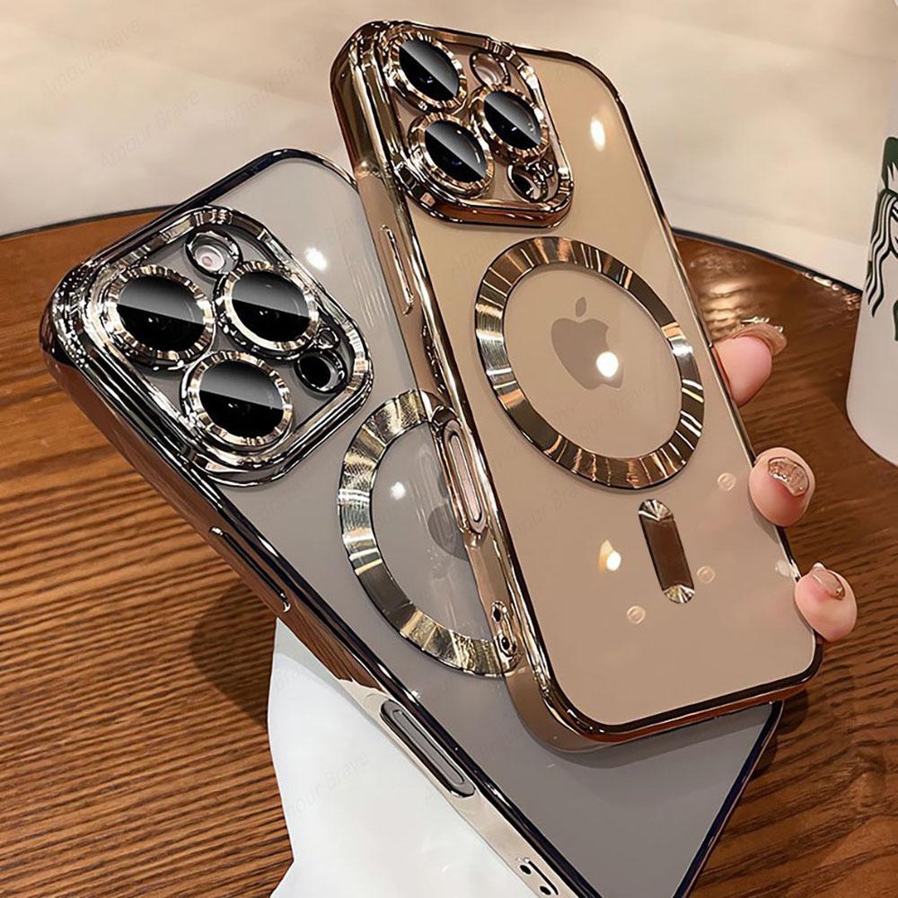 Luxury Magnetic Plating Clear Phone Case For iPhone 16 15 14 13 12 11 Pro Max 16 Plus For Magsafe Wireless Charging Cover Cases