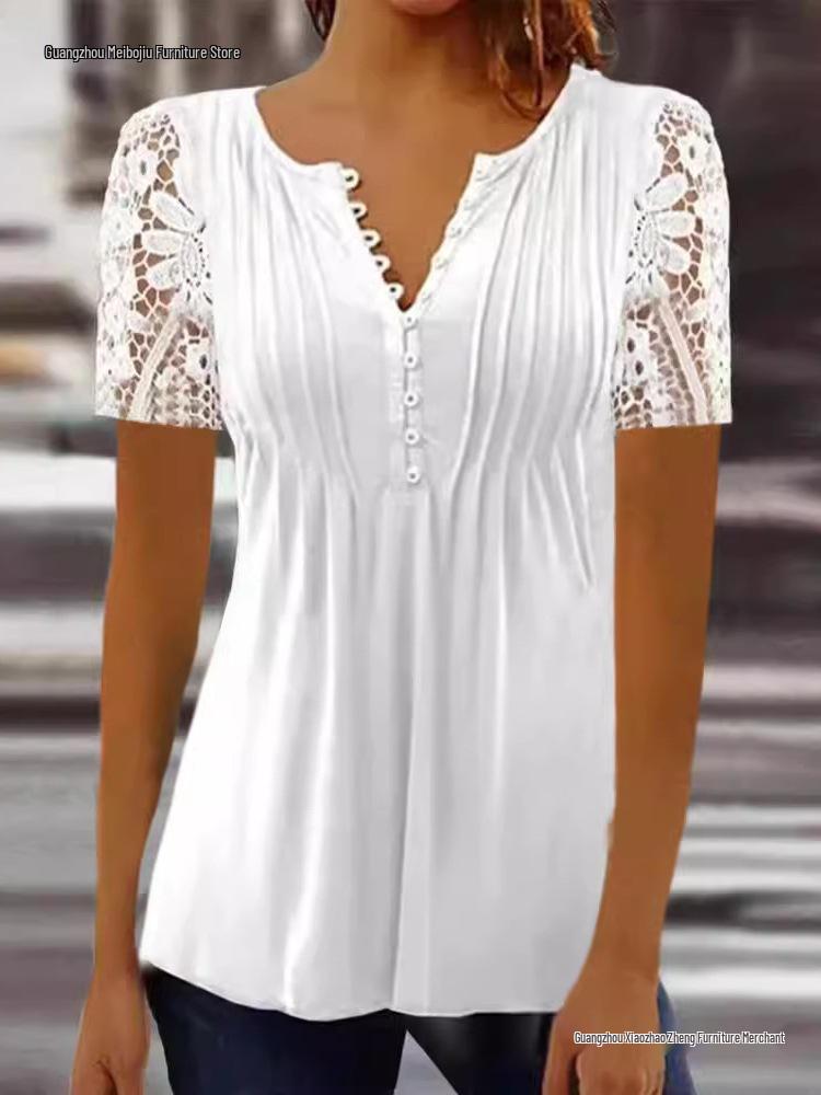 Lace Trim Pleated Solid Color Button Short Sleeve Women's T-Shirt