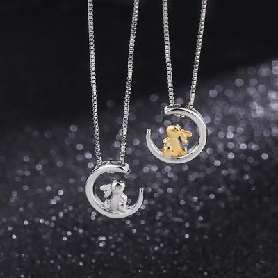 New Fashion Cute Rabbit Moon 925 Sterling Silver Cartoon Sweet Animal Clavicle Chain Pendant Necklaces TYB179