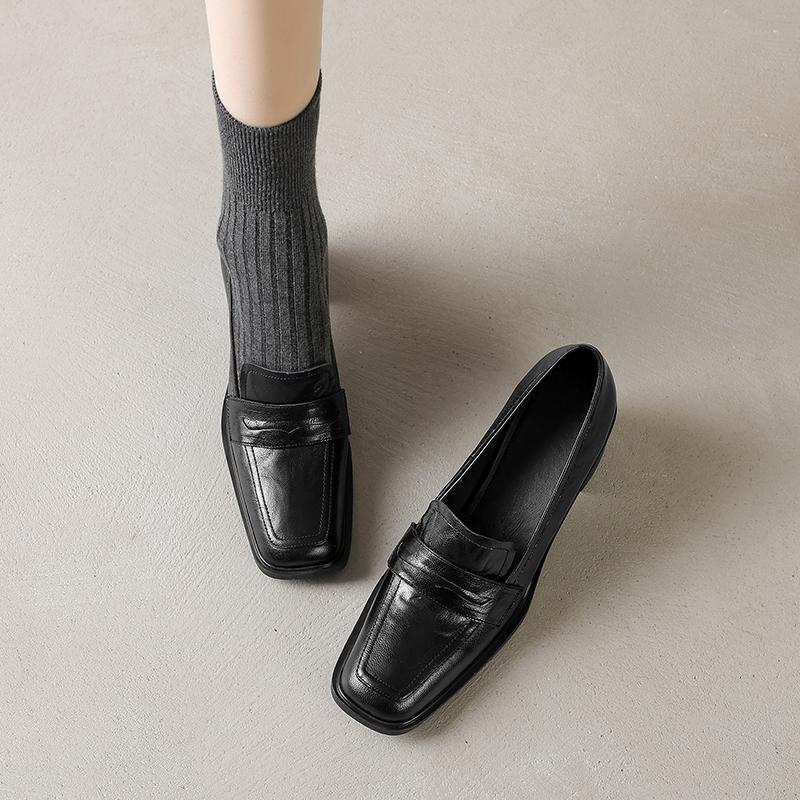 

Fashion 2025 New Spring Women Pumps Sheepskin Women Shoes Square Toe Chunky Heel Women Loafers High Heel Ladies Shoes Genuine Leather 34 чёрный