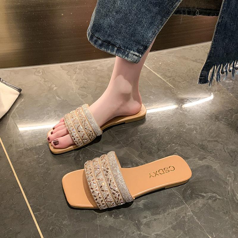 Slippers female summer wear new year's fairy wind pearl rhinestone sandals fashionable versatile flat bottom one-word