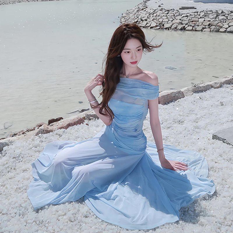 

Blue Grenadine Sleeveless Dress Women s Summer Travel Seaside Photograph Vacation Style Silm Beautiful Sheath Dress Blue S