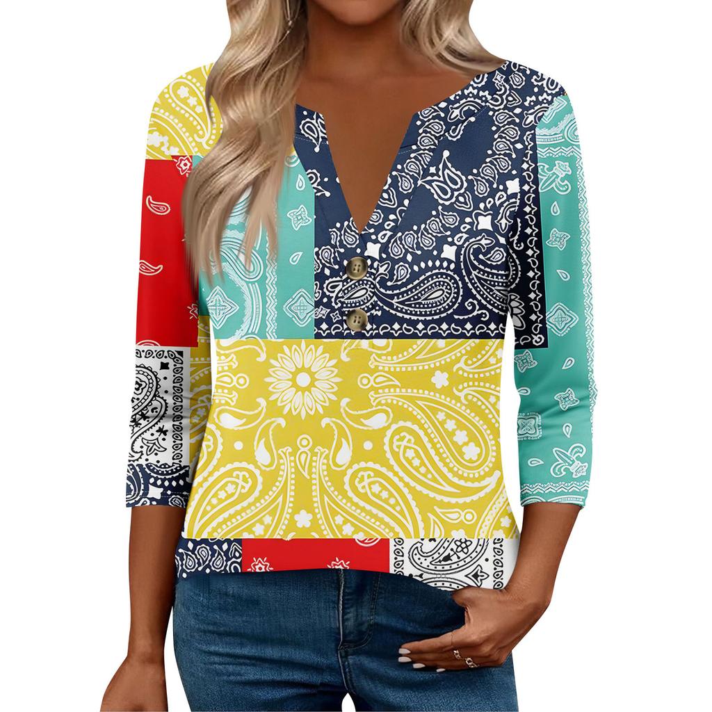 3/4 Sleeve Womens Tops For Women Henely Tops Button V Neck Loose Fit Dressy Womens Summer Tops