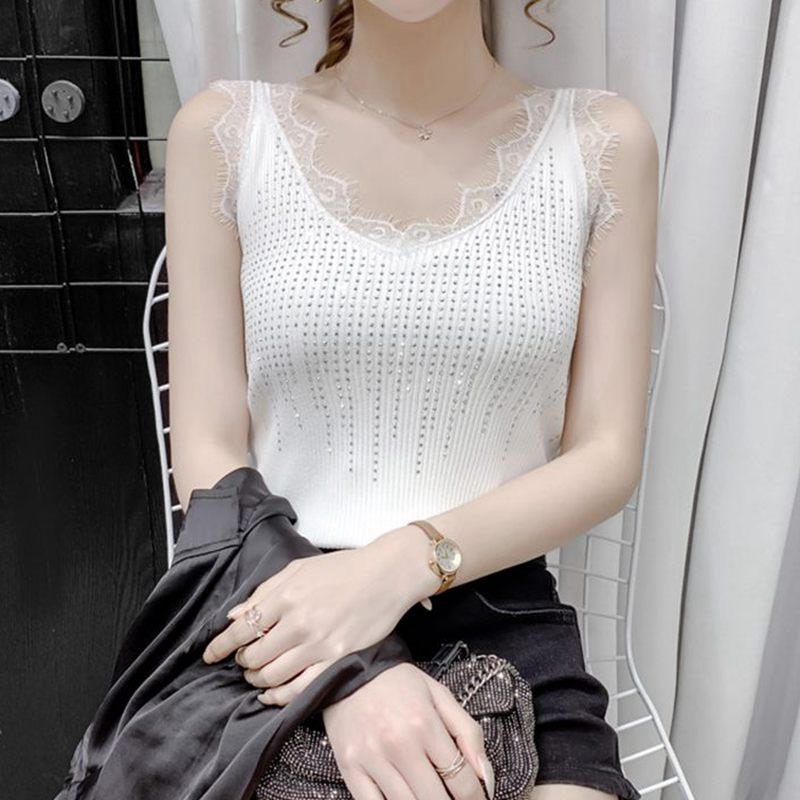 Women Spring Summer Curly Beads Lace V Neck Knit Camisole Sleeveless Diamond Outer Wear Tank Tops