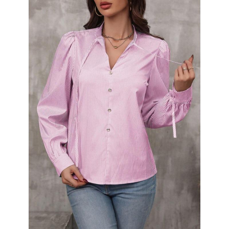 Spring and Autumn New Fashion Women's Stand Collar Tie Button Striped Long Sleeve Shirt