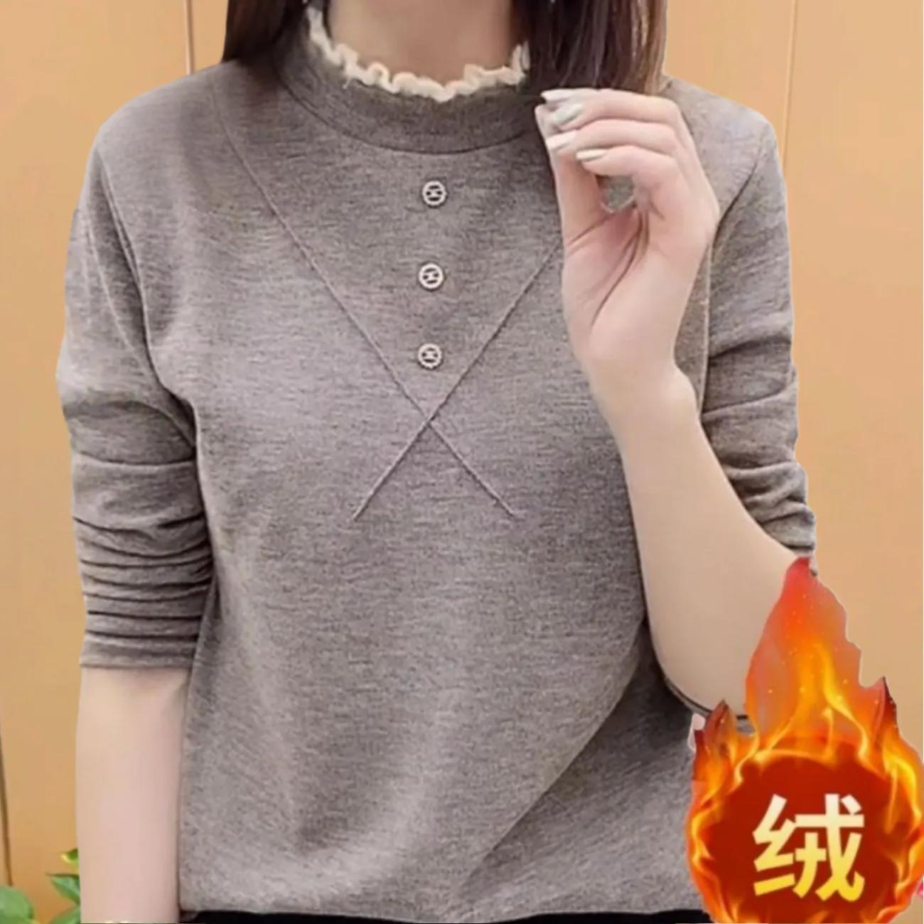 Women S Lace Ruffled Collar Fleece Lined Thermal Base Top Winter Warm Casual T Shirt M серый