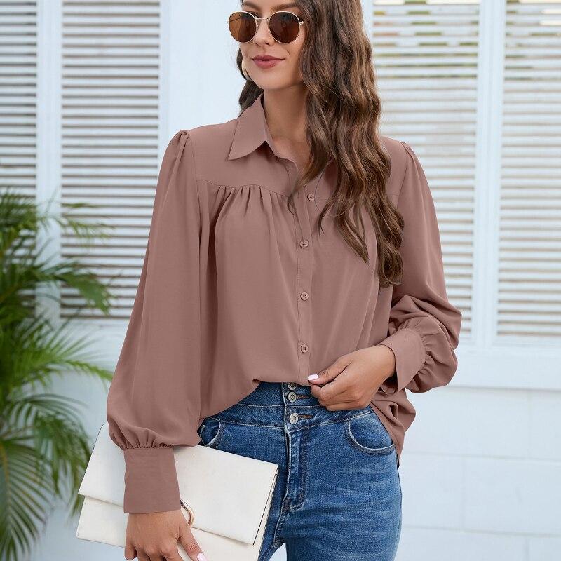 Lantern Sleeve Chiffon Shirt Women Casual Loose White Blouse Ladies Pleated Solid Tops Fashion Womens Clothing 2026 Blusa 24751