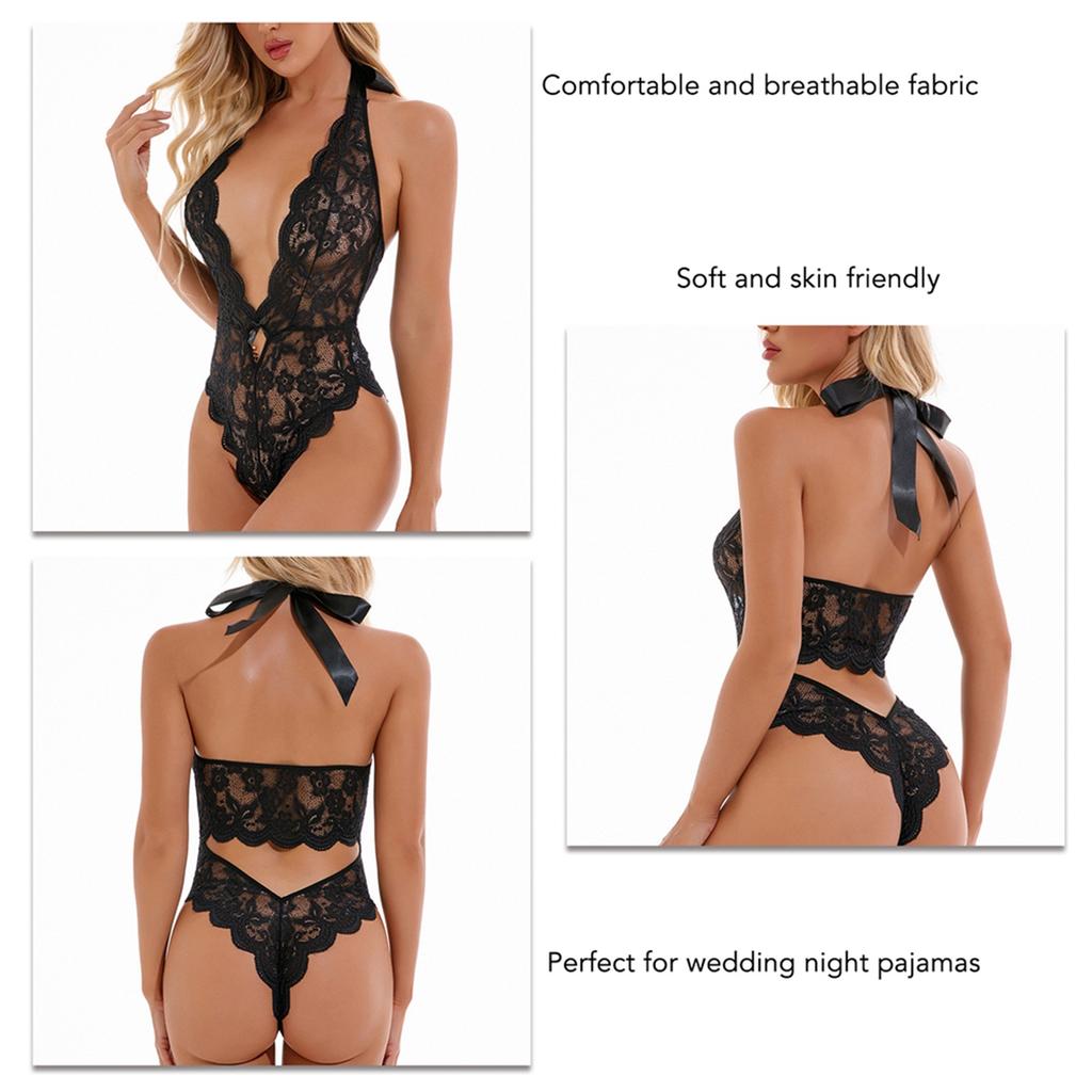 Lace Bodysuit Halter Neck Backless Pure Color Sleeveless Slim One Piece Lace Bodysuit for Women Lady Black S