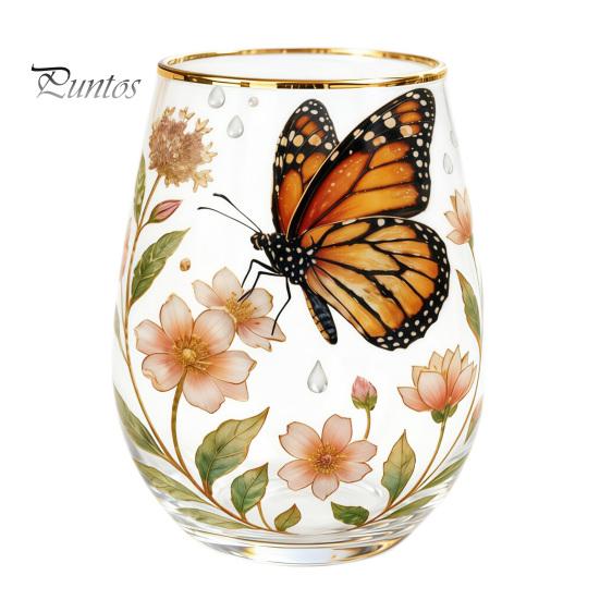Retro Enamel Style Cup Hand Painted Glass Tumbler, Egg Shaped with Gold Rim, Clear Lead-Free Ocean Turtle Pattern Mug for Tea Coffee Wine Juice