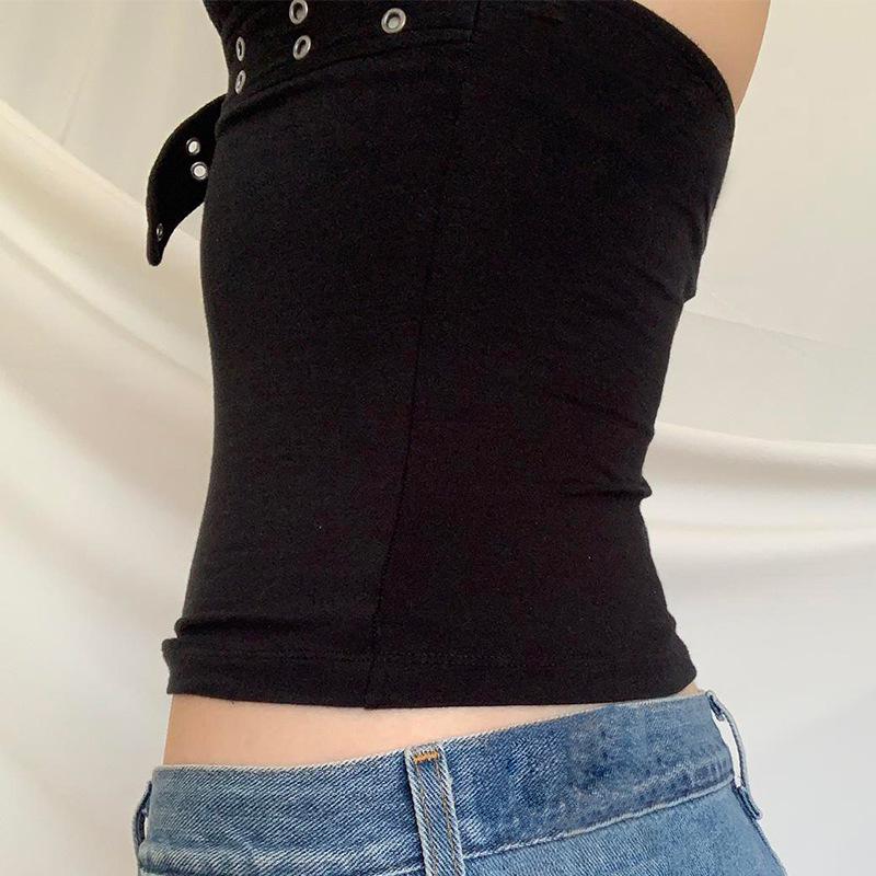 European and American Style Japanese Buckle Halter Neck Solid Color Vest for Women