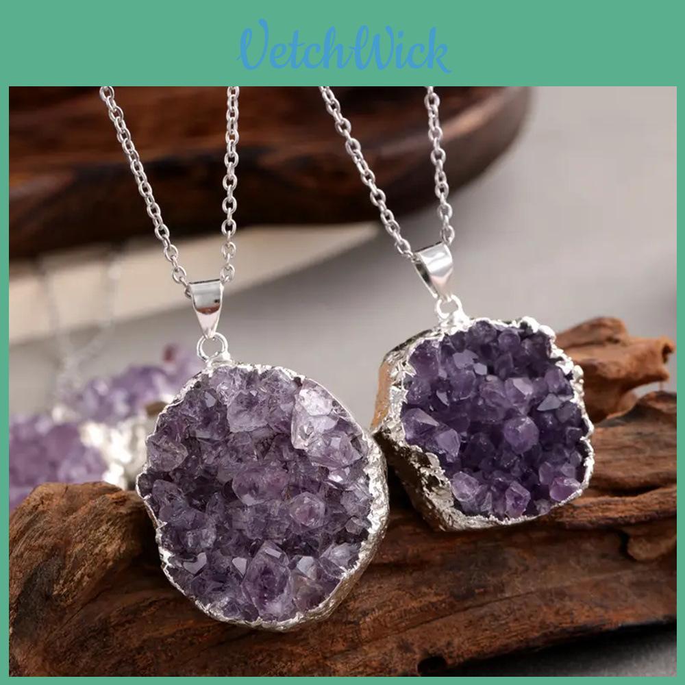 Přírodní ametystový náhrdelník se stříbrně pokovenými okraji pro boho styl Šperk Dárek