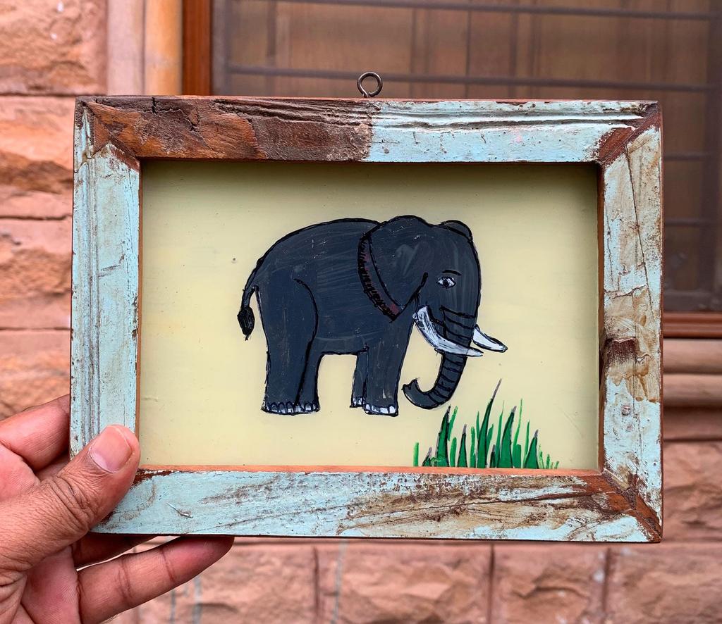 Old Wooden Frame Elephant Glass Painting  Rustic Farmhouse Wall Decor