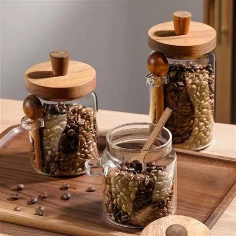 Food Storage Container Glass Jar with Wooden Lid & Scoop Grain Spice Coffee Bean