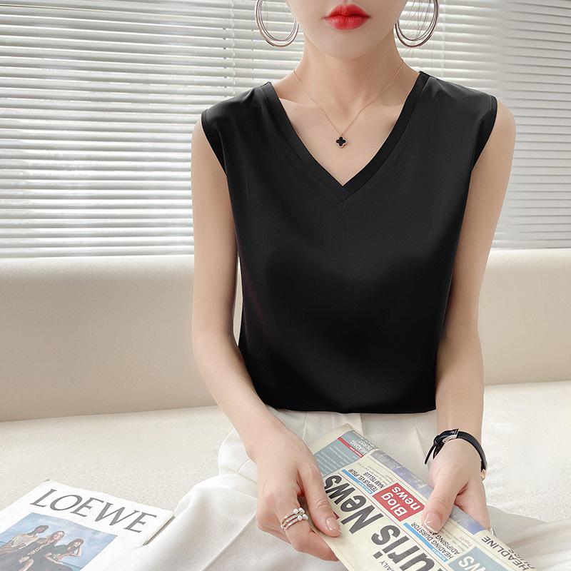 Women's Satin Wide Shoulder V-Neck Camisole Top - Summer, Loose, Sleeveless, Versatile