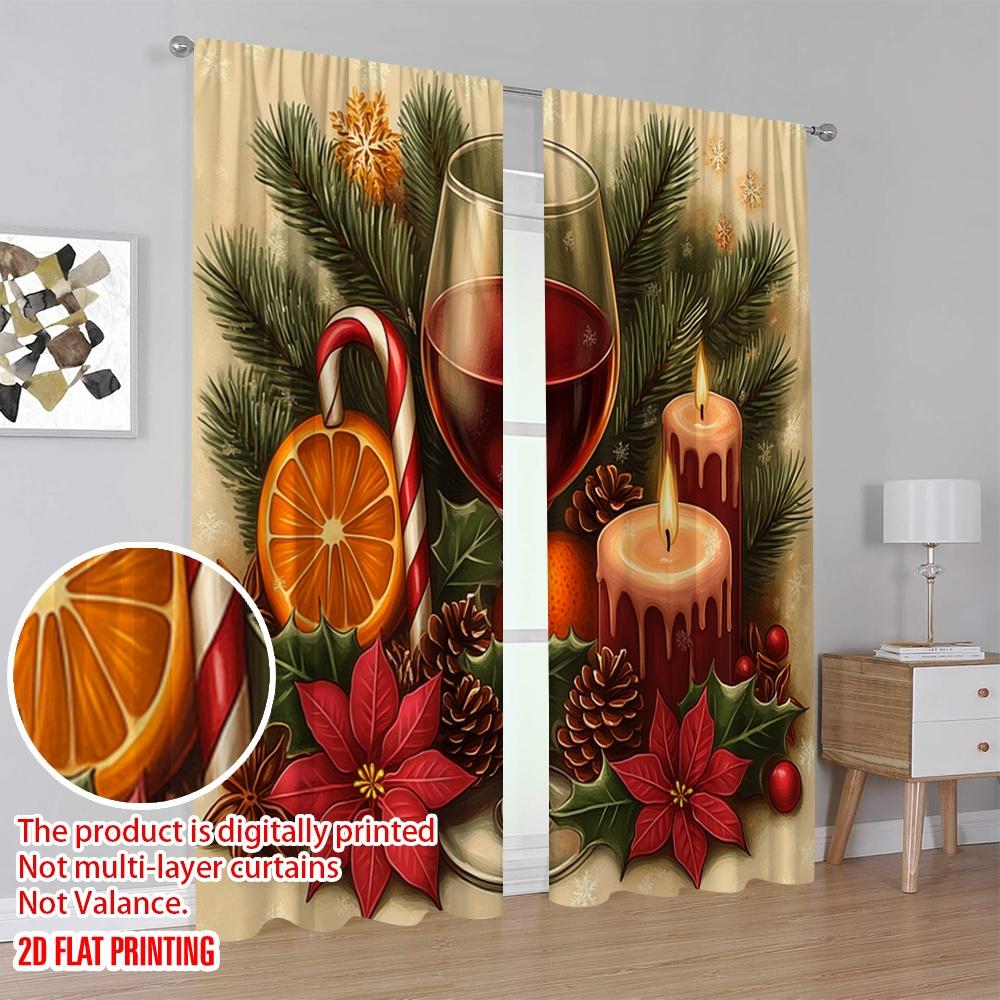 2pcs,2D Plane Printing Curtains Christmas Cozy Wine Pinecone Poinsettia (2) Polyester Easy Install (without Rod) All Seasons