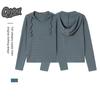 QIYOU 2026 Spring Women's Blue-Gray Striped Retro Casual Slimming Hooded Sweatshirt