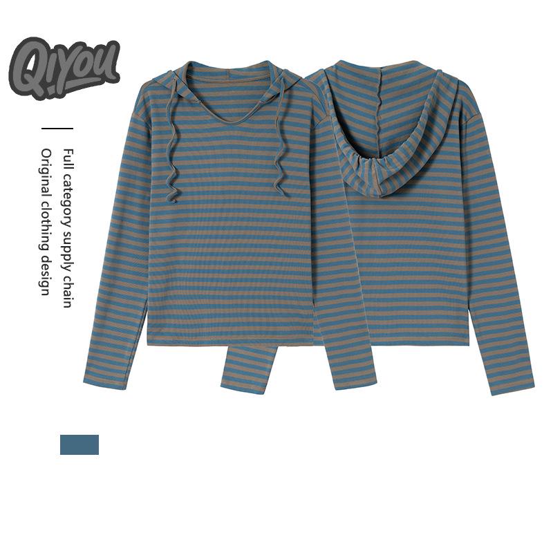 QIYOU 2026 Spring Women's Blue-Gray Striped Retro Casual Slimming Hooded Sweatshirt