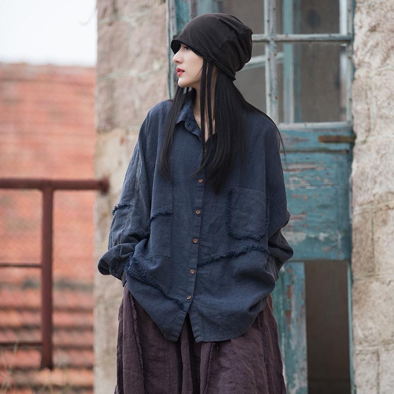Johnature Dámské vintage patchworkové košile Jarní Ramie Kapsy na knoflíky Jednobarevné topy Volné dámské košile