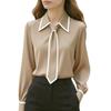 Womens Solid Color V-Neck Long Sleeve Blouse Elegant Office Shirt Cotton Blend Workwear