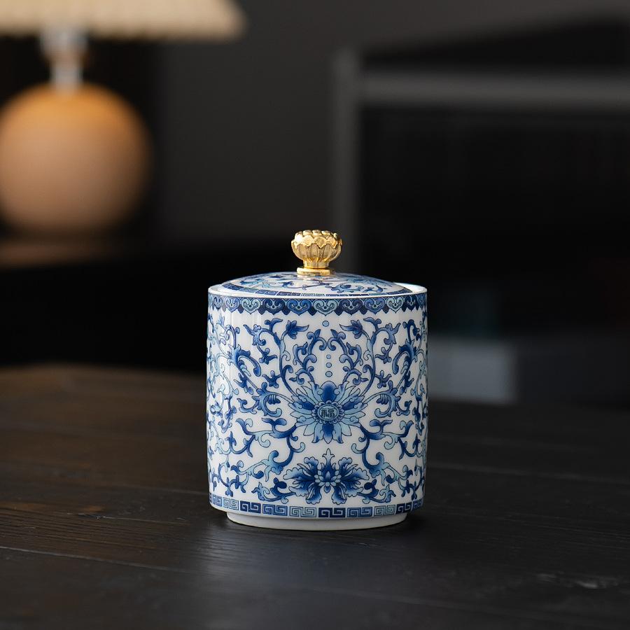 Creative Light Blue Floral Vine Ceramic Tea Canister Exquisite Sealed Small Storage Jar Chilean Food Container Home Decoration