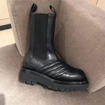 New Corrugated Round Toe Thick Bottom  Boots for Women Brown Black Wave Leather Runway Shoes Flat Motorcycle Boots