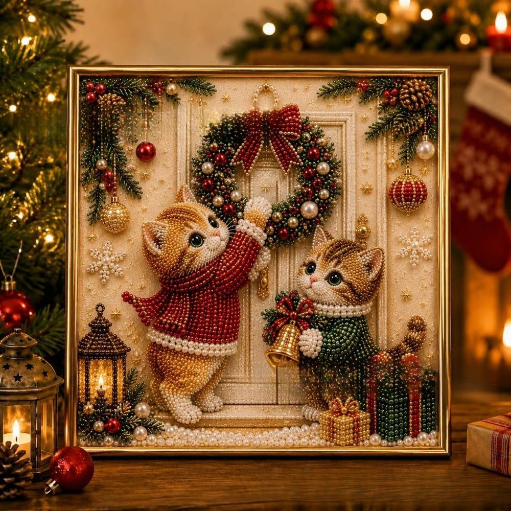 1 Set 3D Pearl Effect Diamond Painting Art Kit Christmas Kitty Theme Handmade Christmas Kitty Art Kit DIY Pearl Art Kit