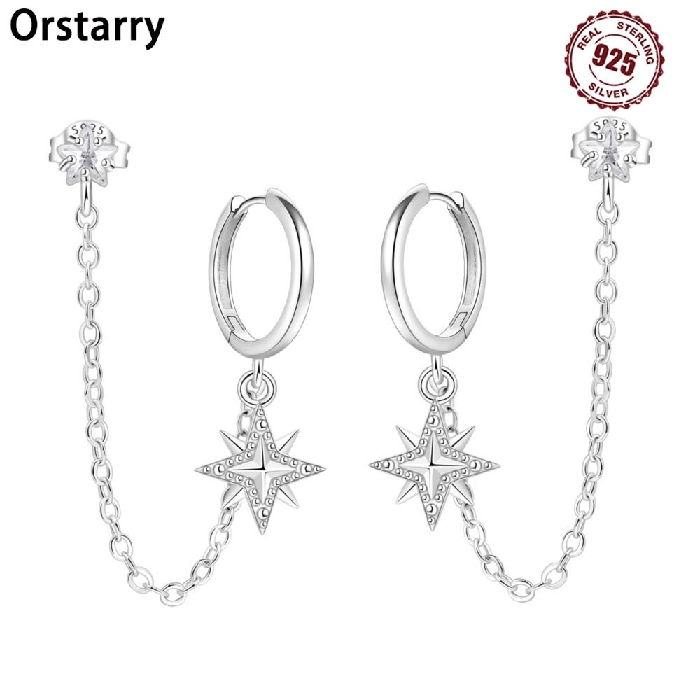 Orstarry S925 Silver Octagonal Tassel Earrings Women Hoop Jewelry Birthday Party Gifts