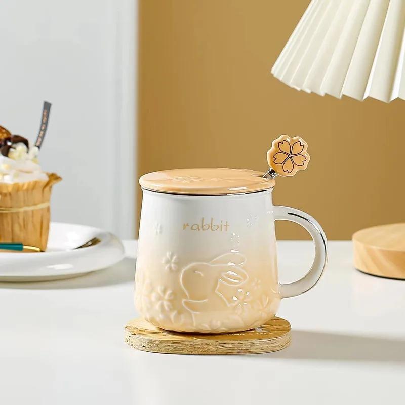 Cute Rabbit Pattern Cherry Blossom Mug Home Office Ceramic Coffee Cup Breakfast Milk Cup Mugs Coffee Cups