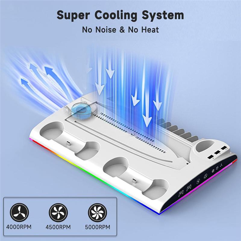 Charging Stand, Multifunctional LED Cooling Stand With Charging Station, 2 Controllers For PS5 PS5 SLIM Console