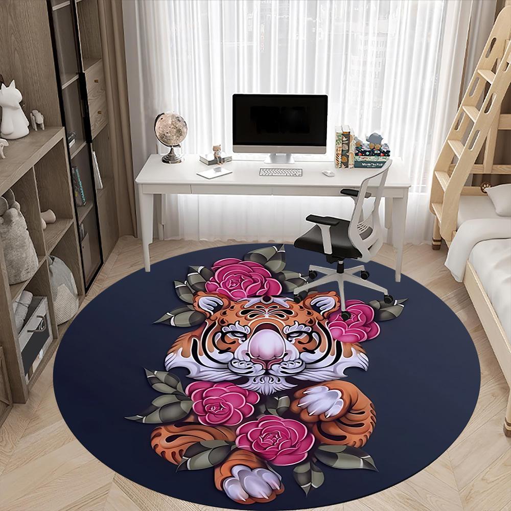 1PC Tiger Roses Office Round Rug, Non slip, Soft and Durable Office Rug for Interior Decoration, Perfect for Office