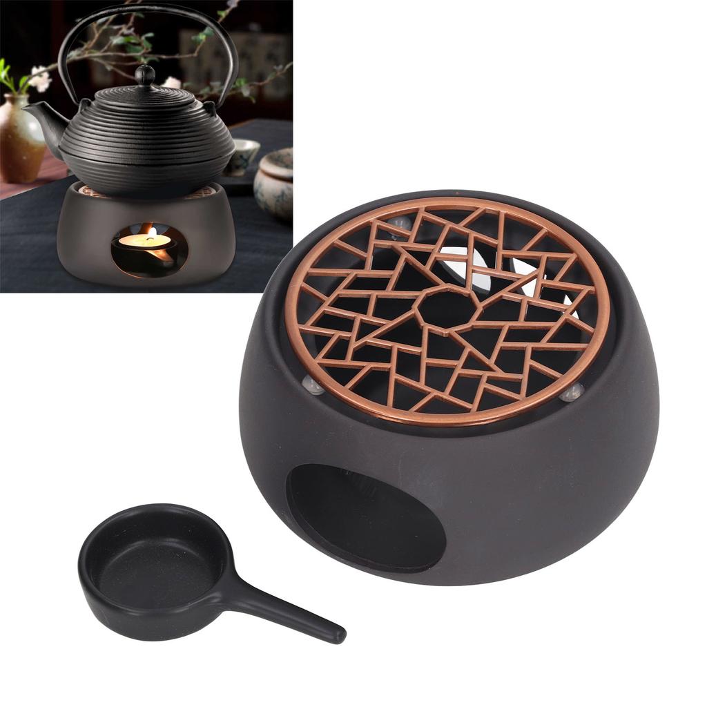 Teapot Warmer Base Ceramic Candle Heater Tea Coffee Milk Light Warmer with Purple Iron Pad for Home Black