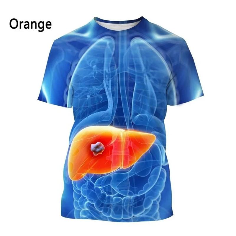Camisetas Padrão Órgãos Humanos Ossos Para Homens Personalidade Estampadas 3D Verão Casual Manga Curta Soltas Camisetas Gola Redonda Tops