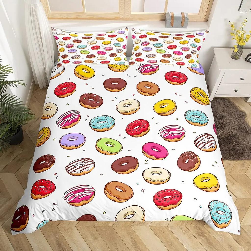 Kawaii Donut Duvet Cover Set Colorful Sweet Doughnut Bedding Set Delicious Dessert Pink Purple Comforter Cover Girls Room Decor