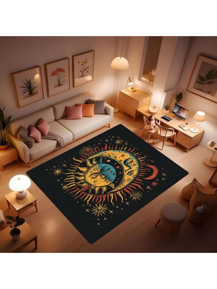 Moon and Sun Carpet Bohemian Decorative Rug, Washable Rug for Bedroom Office Hallway Living Room Mysterious Crescent Moon Sun