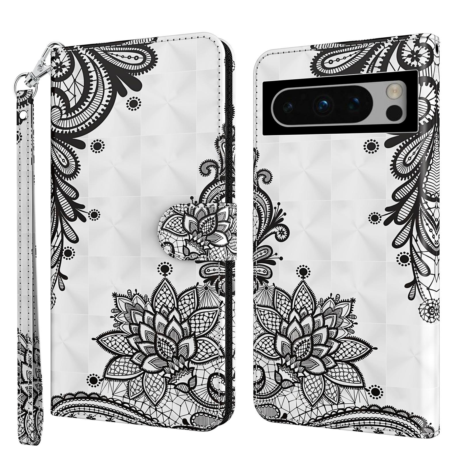 

For Google Pixel 8 Pro PU Leather Wallet Phone Case 3D Pattern Printing Stand Cover with Strap Lace Flower