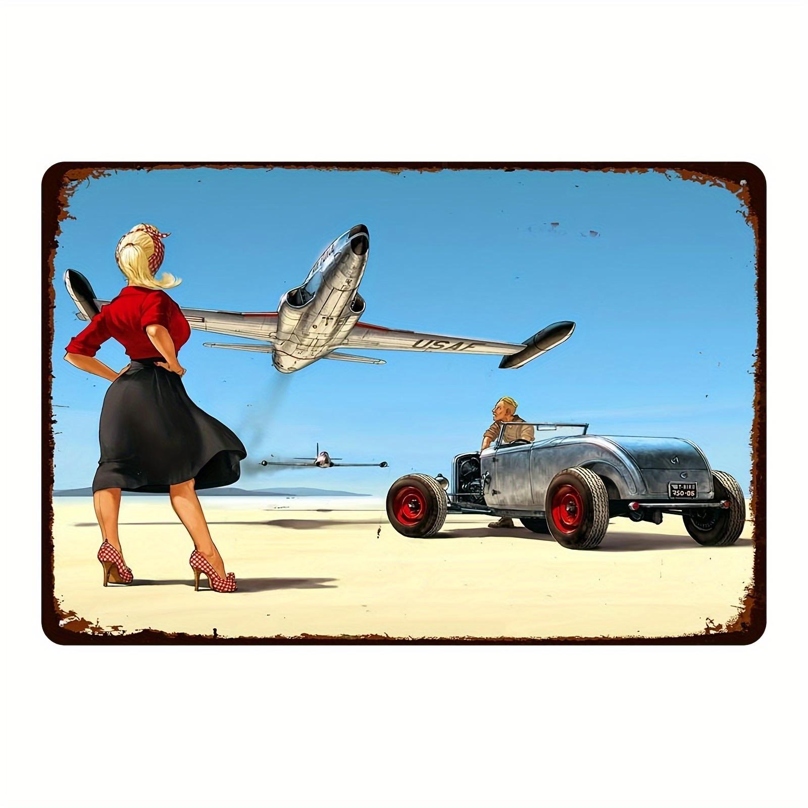 

2D плоская деревянная настенная живопись 30*20 см в винтажном стиле - безрамный деревянный декор с изображением ретро-девушки, классических автомобилей и самолетов - идеально подходит для дома, бара или для мужчины 30*20cm