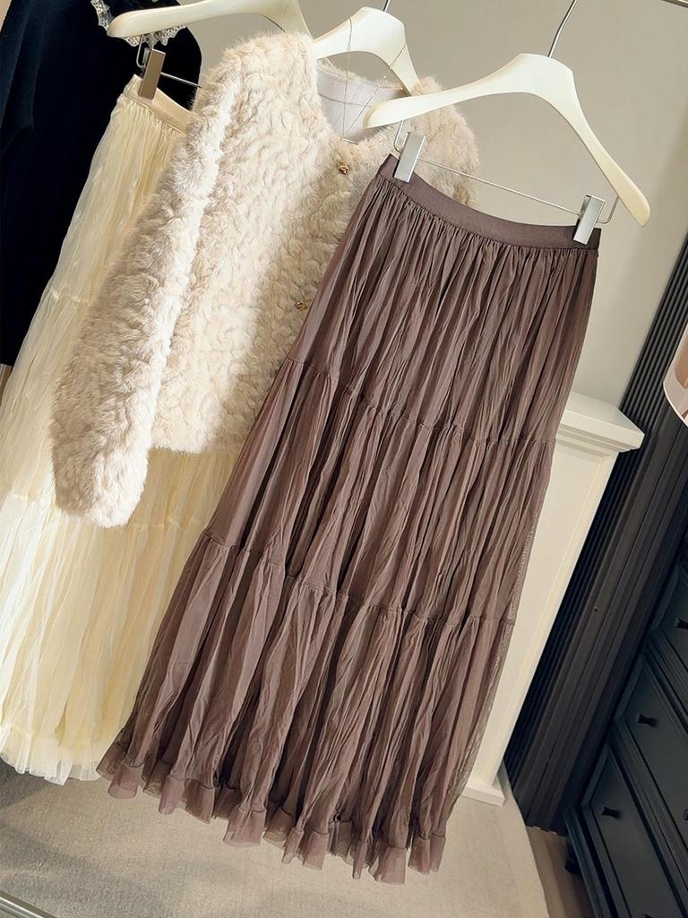 Korean-Style Pleated Elastic Waist Skirt - Women's Spring/Autumn, Slim Fit, Large Hem