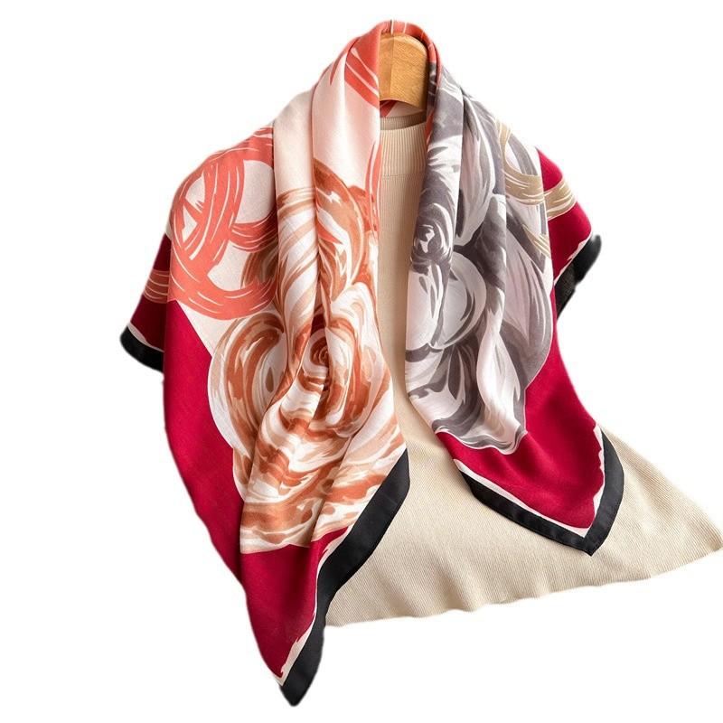 Simple 91 square scarf, elegant flower simulation silk versatile herringbone pattern shawl, scarf, retro printed headscarf, scarf.