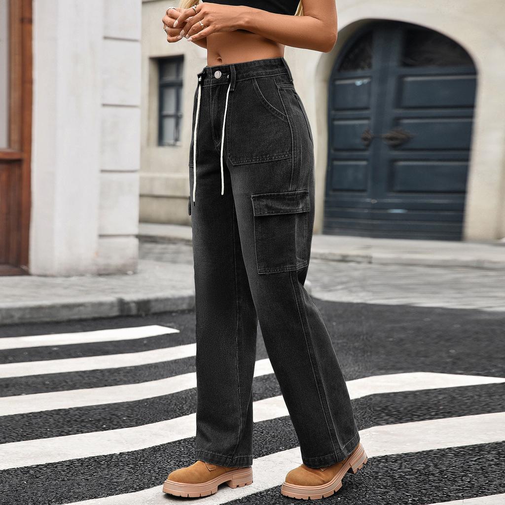 Women's Casual Fashion Solid Color Elastic Waist Pockets Wide Leg Straight Jeans Pants