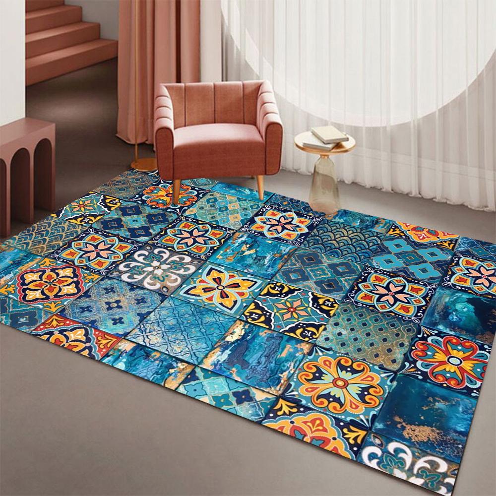 Classical Floral Area Rug Navy Blue Bohomian Patchwork  Rugs for Living Room Dining Room Bedroom Non Slip Stain Resistant Carpet