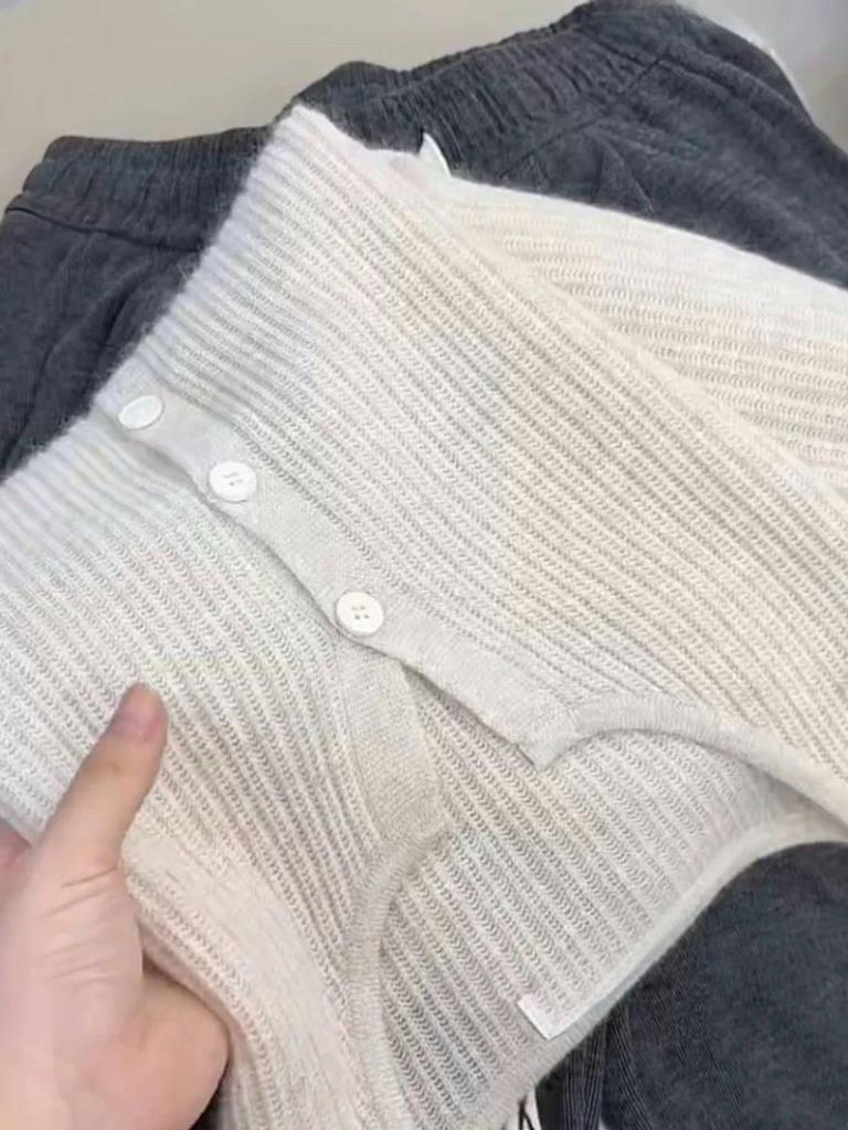 Women's Spring/Summer Wool Knit Cardigan – Half-High Round Neck, Plain Color, Versatile Outerwear Sweater.