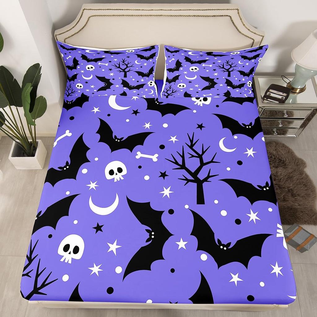 Gothic Spooky Bedding Set Pumpkin Lantern Cute Halloween Bed Sheets for Kids Boys Teens,Ghost Spiderwebs Fitted Sheet Black Cat Cobwebs Bats