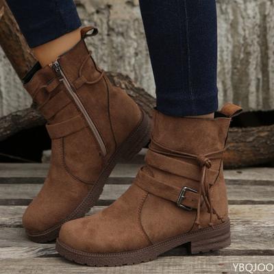 Botas femininas de moda de salto quadrado e bico redondo, outono inverno, novo estilo, zíper lateral, cano médio simples e confortável, botas femininas