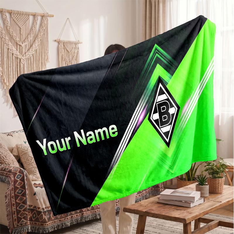 Borussia Mönchengladbach Personalized Fleece Blanket With Football Logo, Custom Name Text Soft Warm Home Throw Blanket