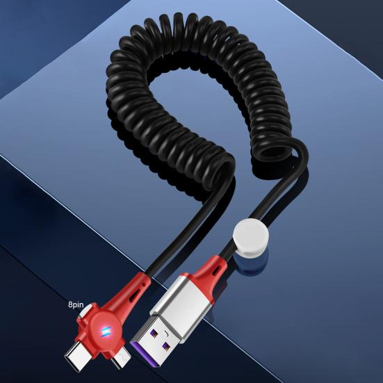 Cablu de încărcare USB 3-în-1 100W Încărcare super rapidă Retractabil în formă de T cu lumină LED Tip C/Micro USB/Cablu de date cu arc cu 8 pini