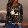 Women's Long Sleeve Round Neck Top with Halloween Print and Side Slit Hem