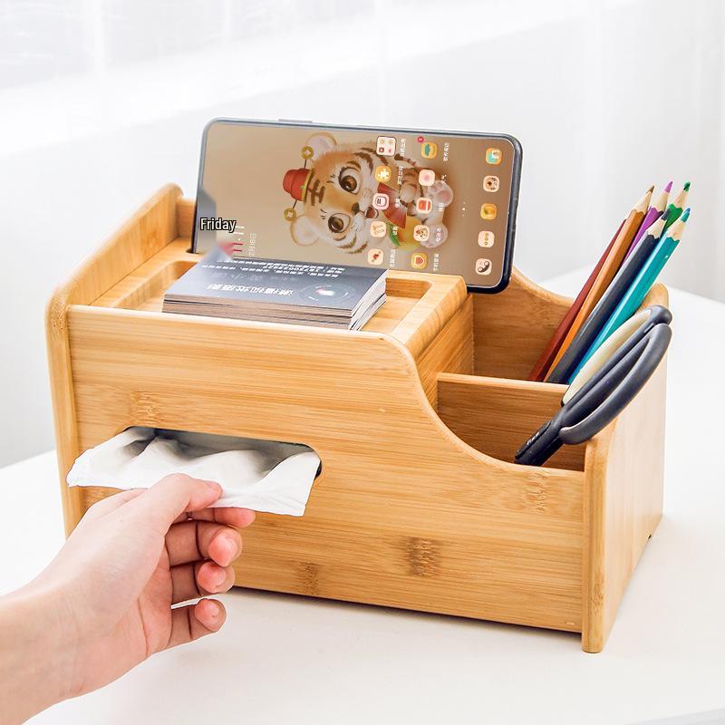 Organisateur de bureau en bambou et bois avec tiroirs pour téléphones, cosmétiques et télécommandes