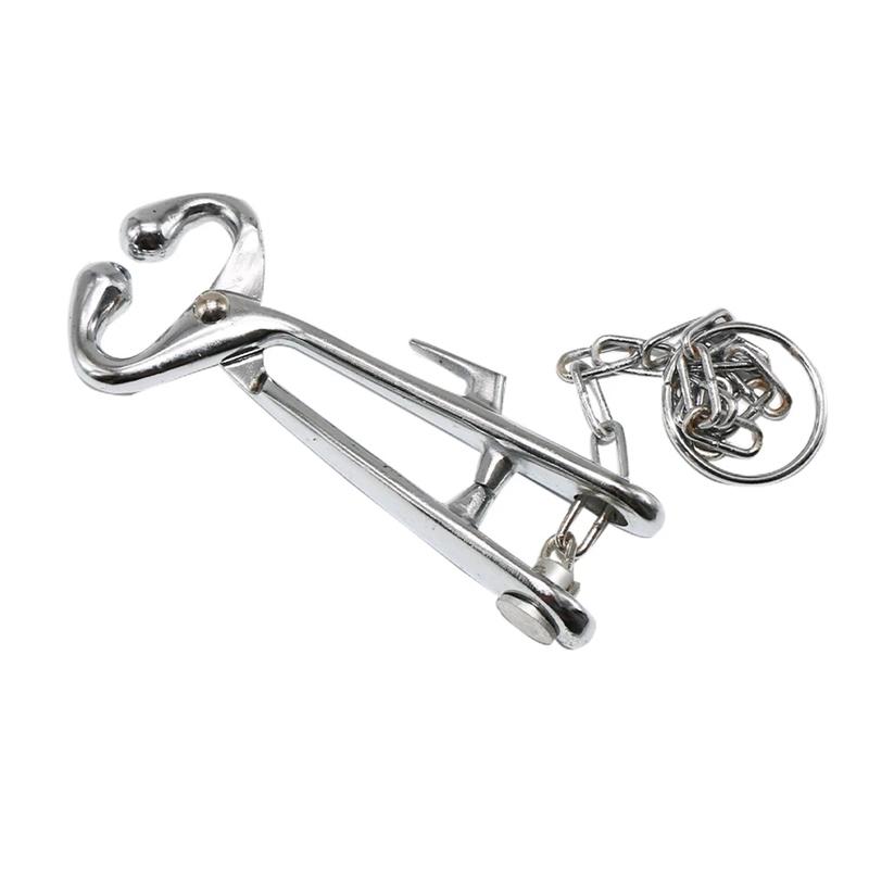Stainless Steel Cattle Nose Ring Cow Nose Plier Traction Force Tool with Chain Metal Animals Locking Equipment Accessory