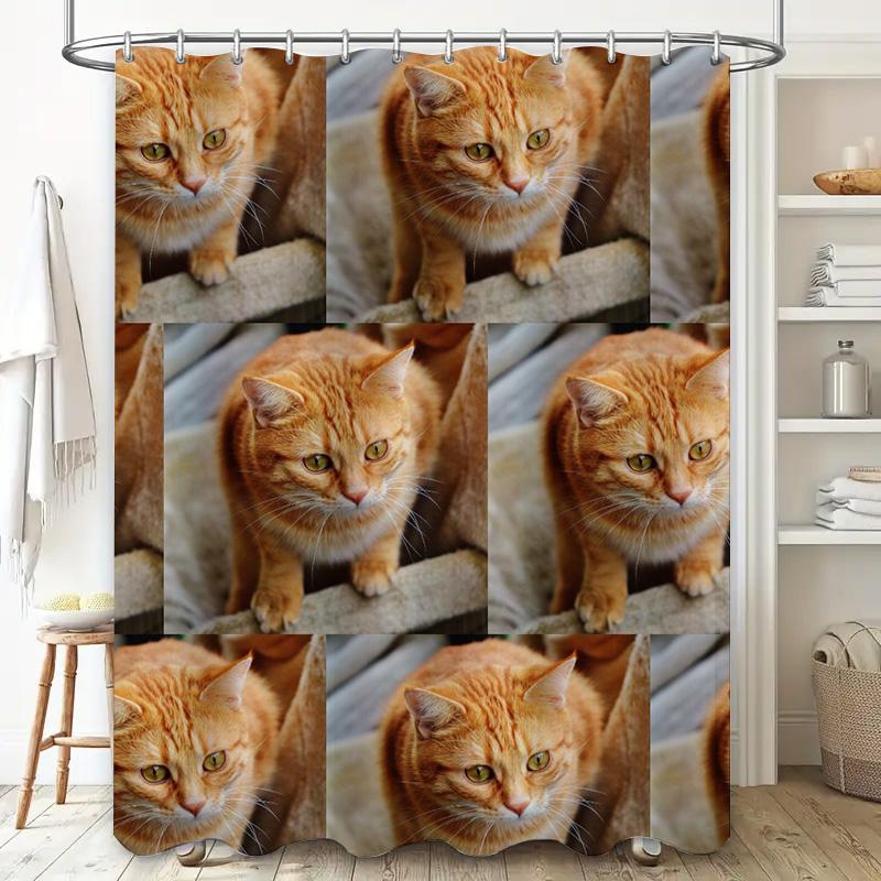 Home Decor Shower Curtain Featuring Adorable Orange Tabby Cat Pattern Perfect For Bathroom Decoration